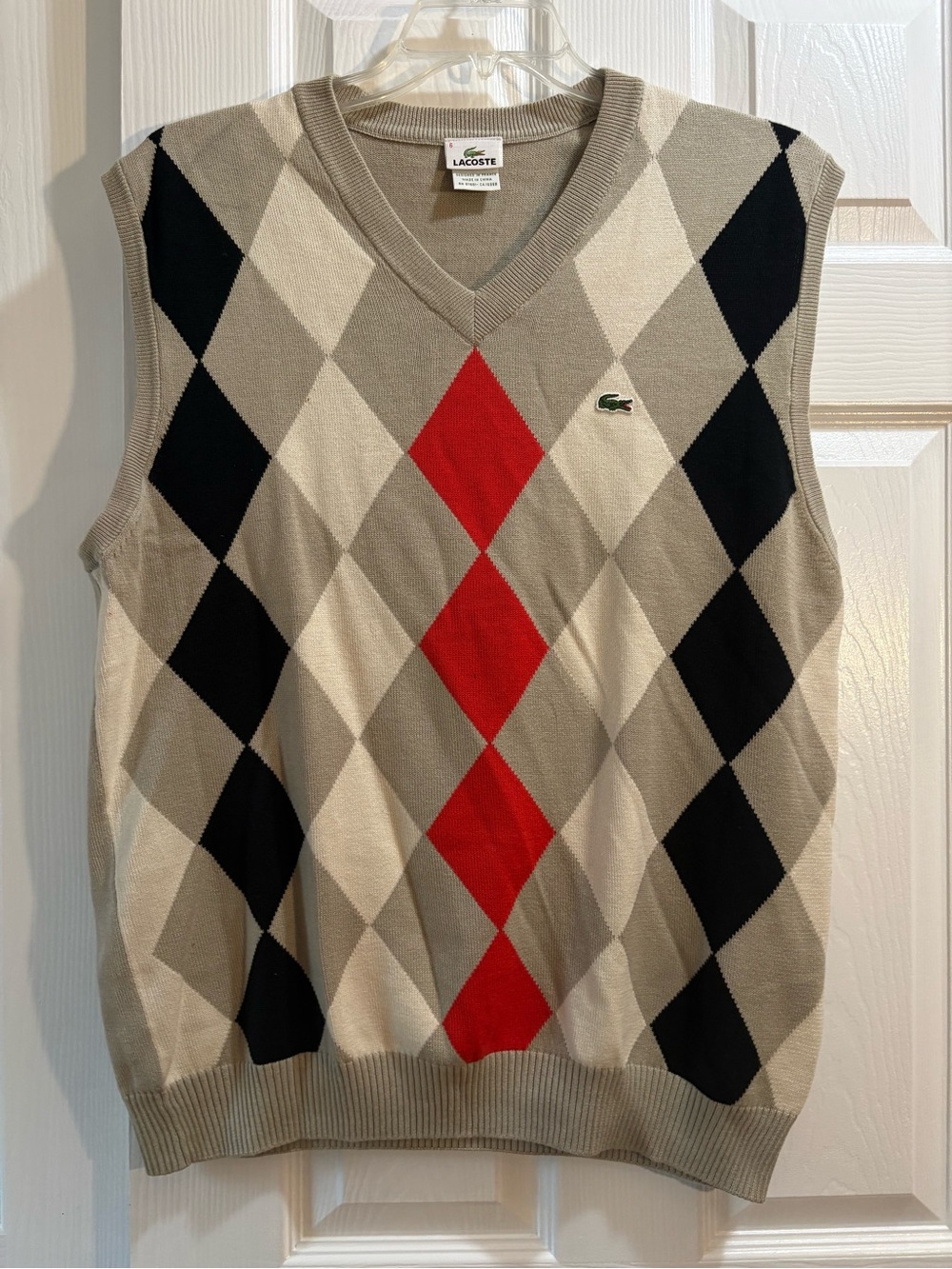 Lacoste Men’s Beige Argyle V-Neck Sweater Vest with Black and Red Diamonds